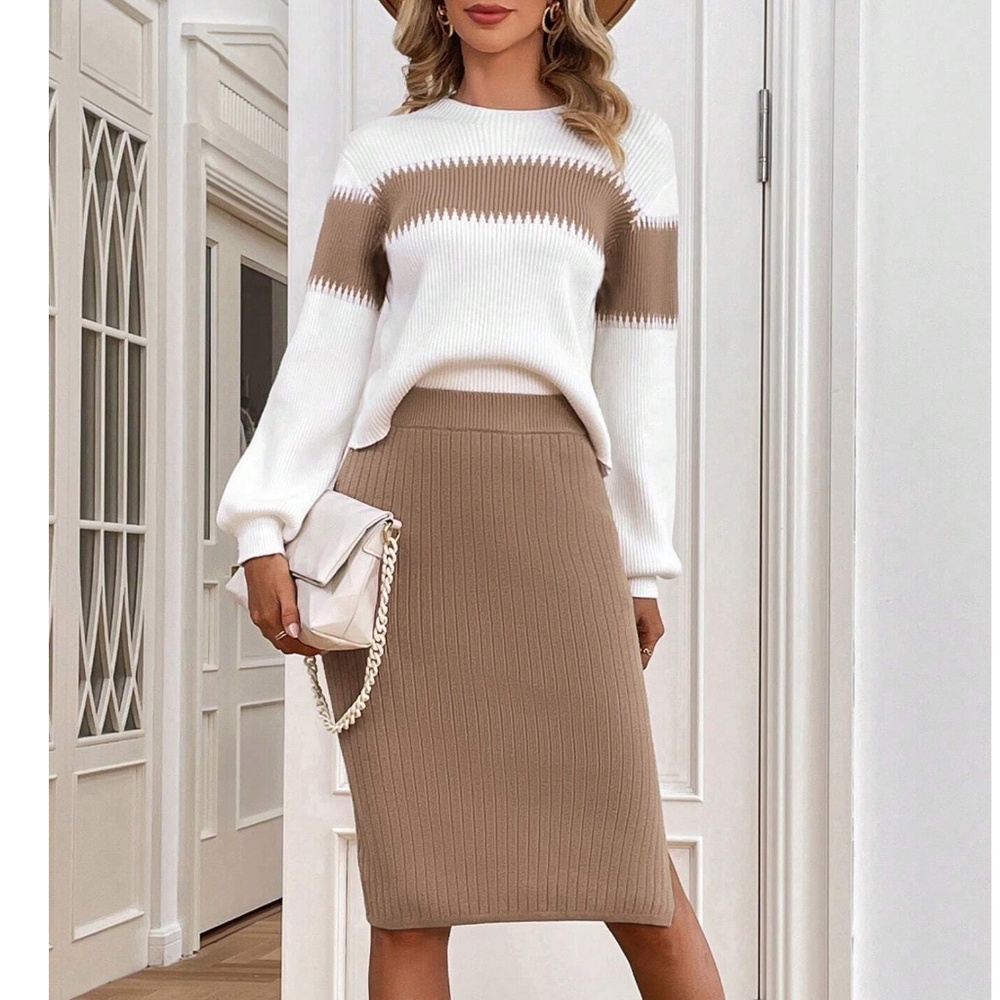 Classic Color Block Knit Sweater Midi Skirt Set